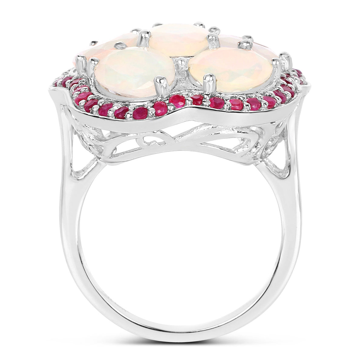 Ethiopian Opal Flower Ring With Ruby 4.62 Carats Sterling Silver