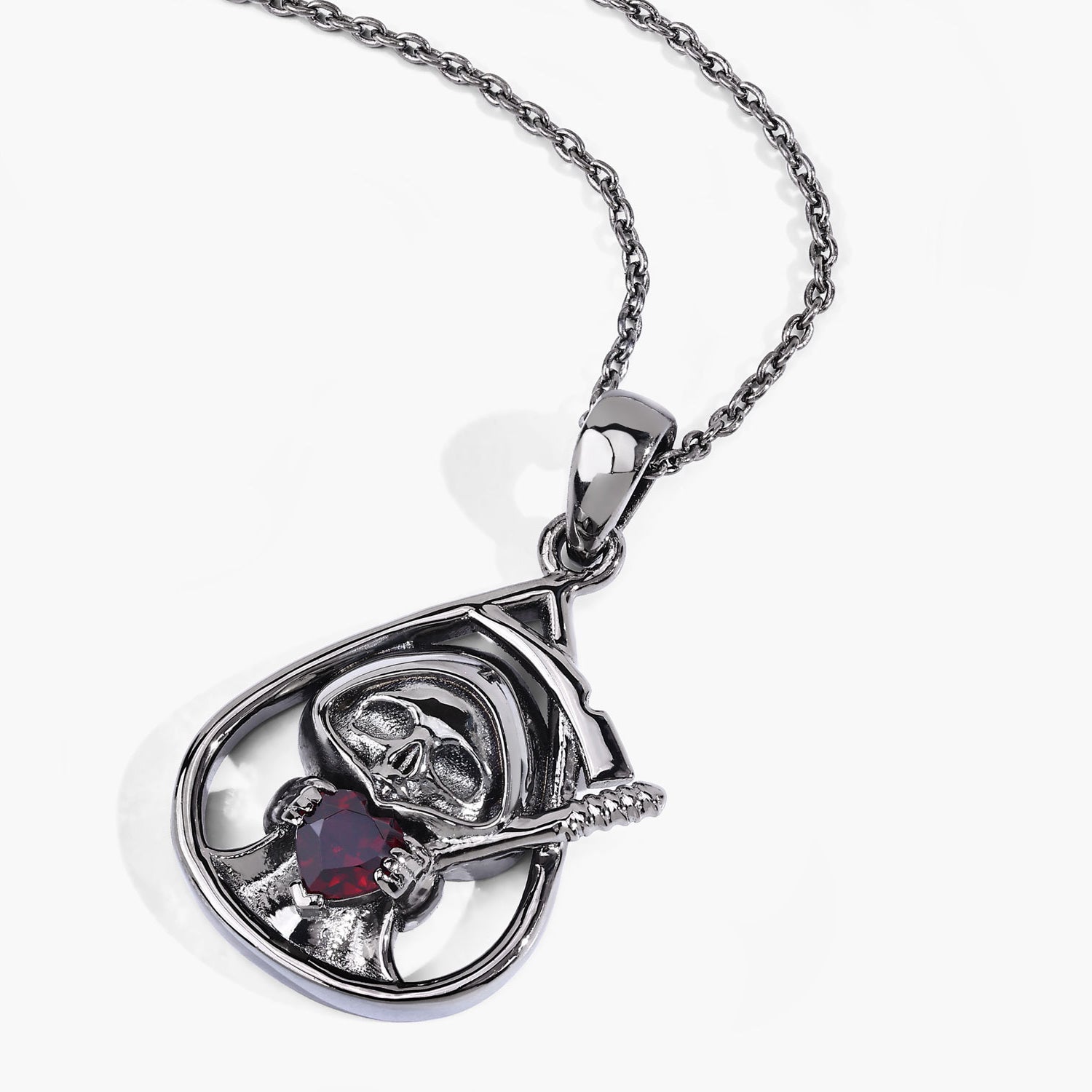 Garnet Reaper Skull Pendant 0.3 Carats Sterling Silver