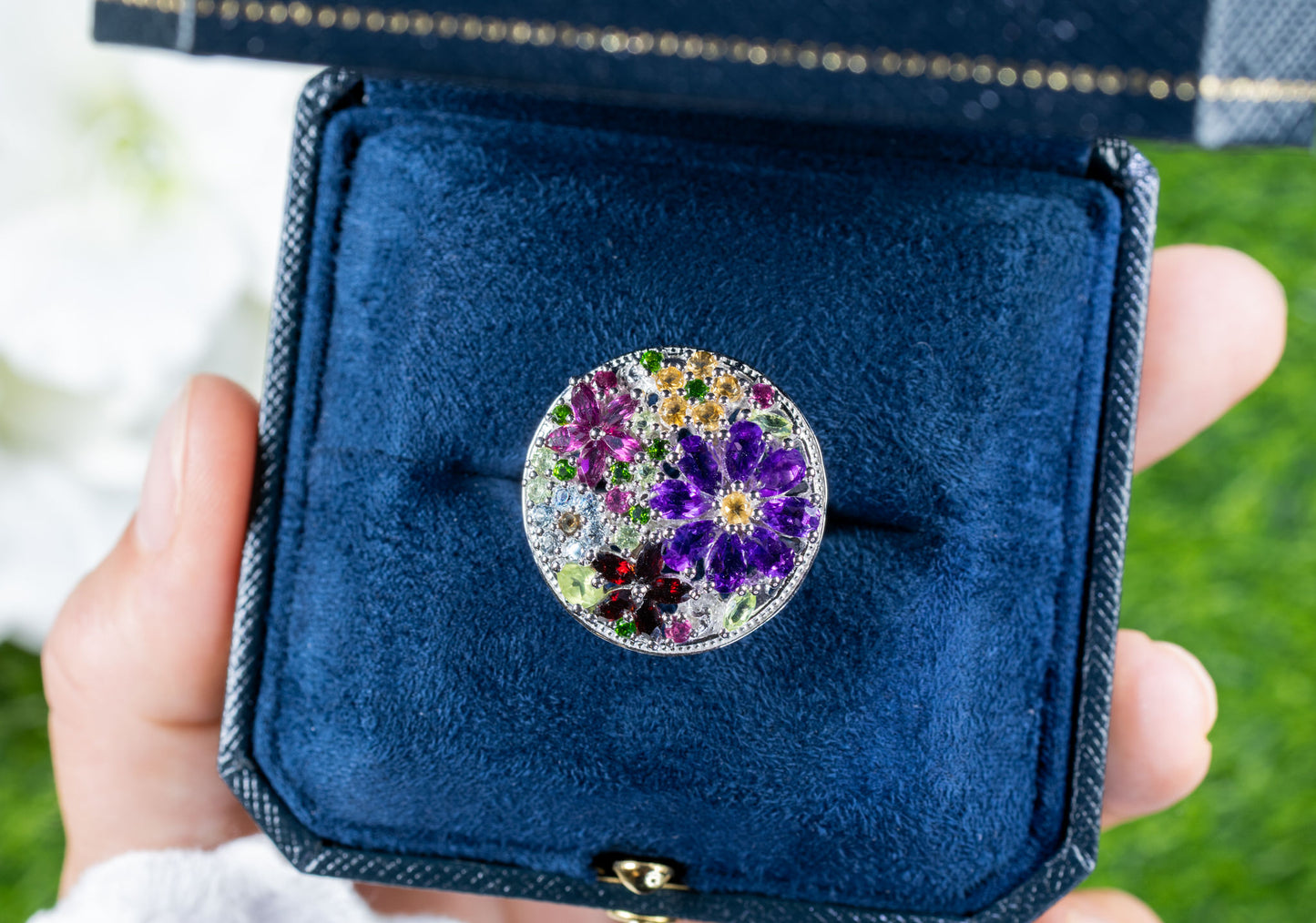Multicolored Gemstones Flower Ring Amethyst Peridot Garnet Topaz Citrine