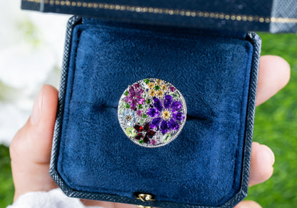 Multicolored Gemstones Flower Ring Amethyst Peridot Garnet Topaz Citrine