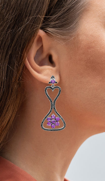 Amethyst Dangle Earrings Black Spinel 6.2 Carats Black Rhodium Plated Silver