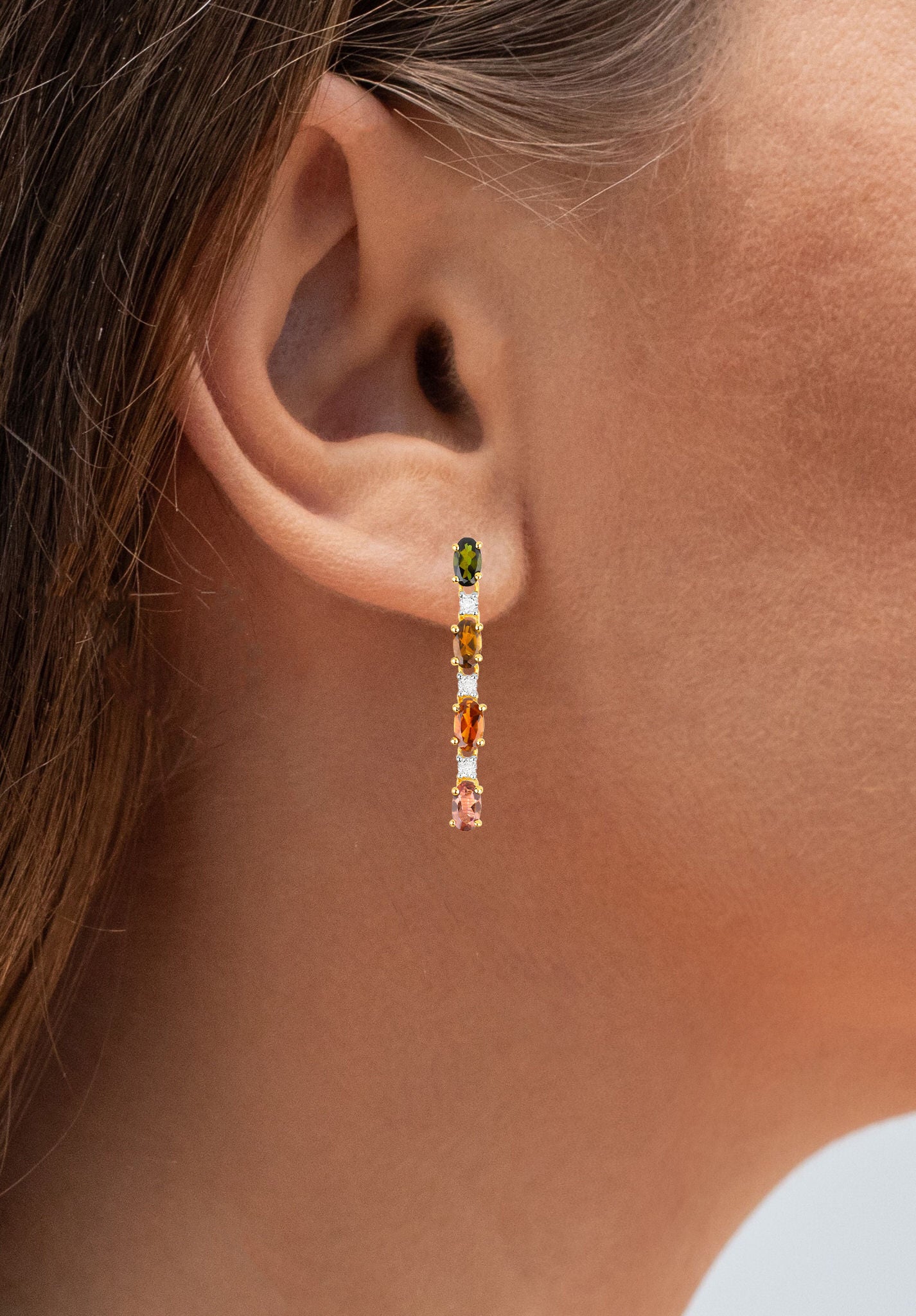 Multicolored Tourmaline Dangle Earrings White Topaz 1.95 Carats 18K Gold Plated