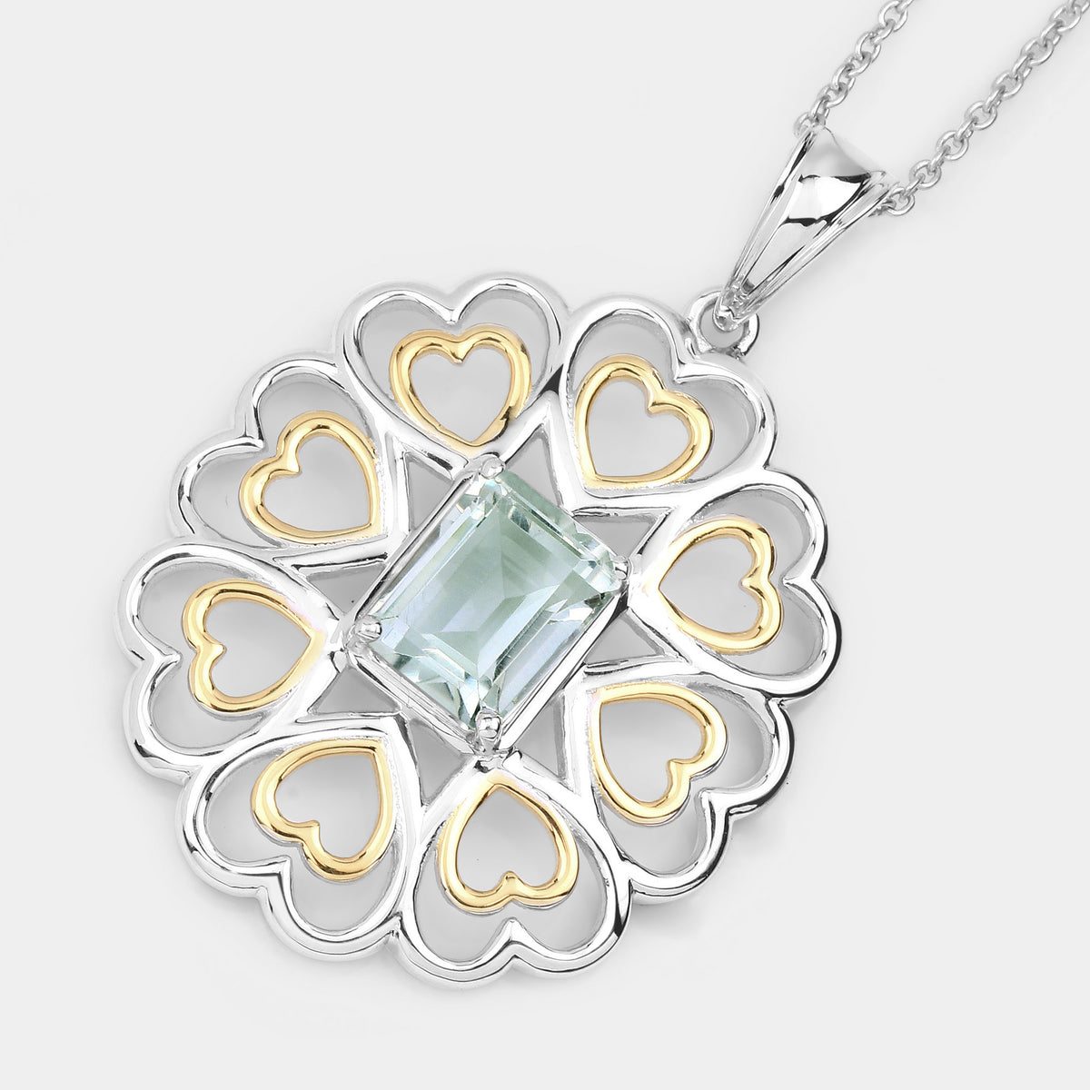 Green Amethyst Heart Pendant 2.08 Carats Gold Plated Silver
