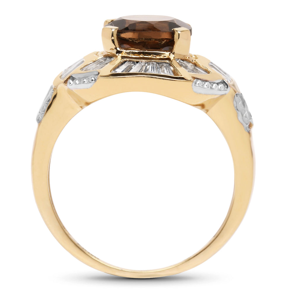 Smoky Quartz Ring With White Topaz 4.14 Carats Gold Plated Silver