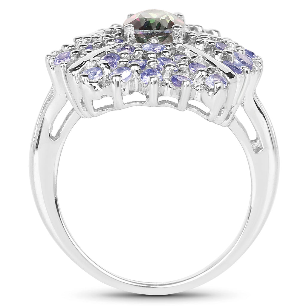 Mystic Quartz Flower Ring With Tanzanite 2.82 Carats Sterling Silver