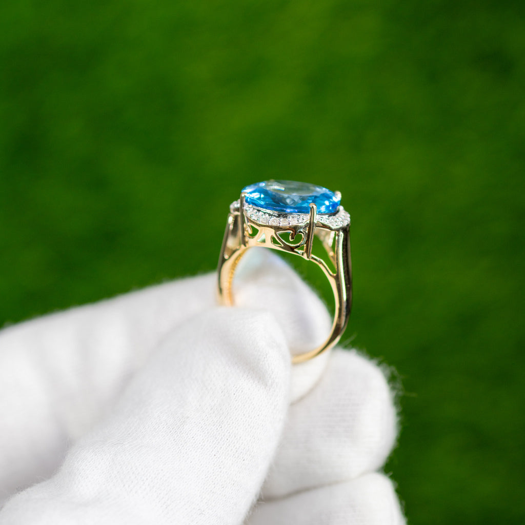 Swiss Blue Topaz Statement Ring Diamond Halo 12.7 Carats 14K Yellow Gold