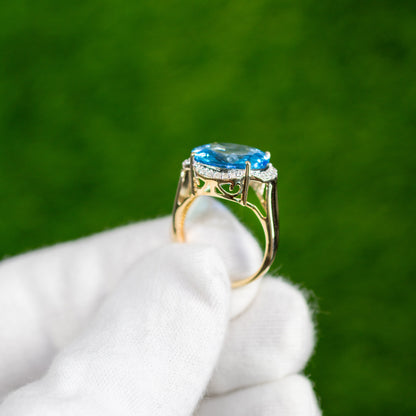 Swiss Blue Topaz Statement Ring Diamond Halo 12.7 Carats 14K Yellow Gold