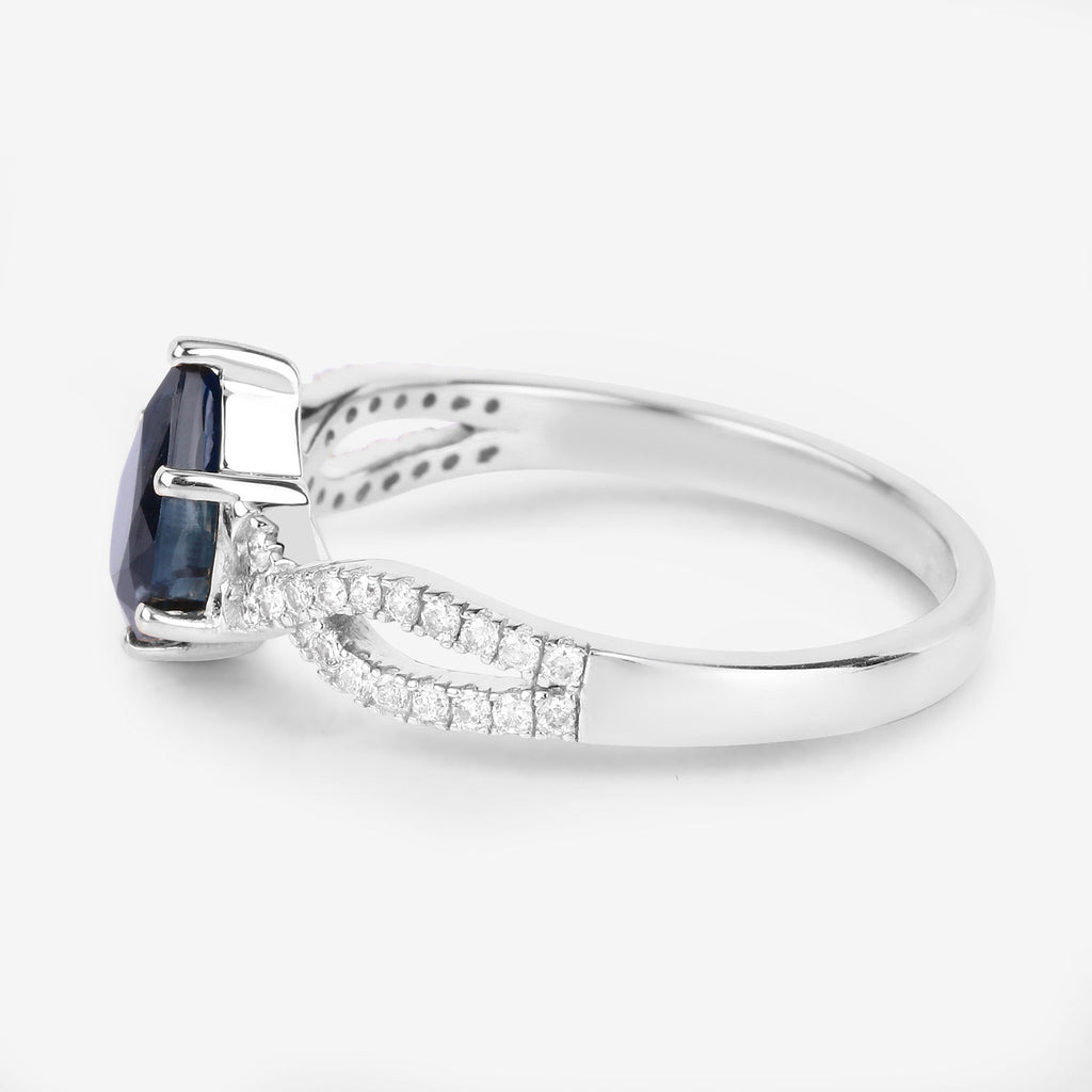 Blue Sapphire Ring With Diamonds 1.1 Carats 14K White Gold