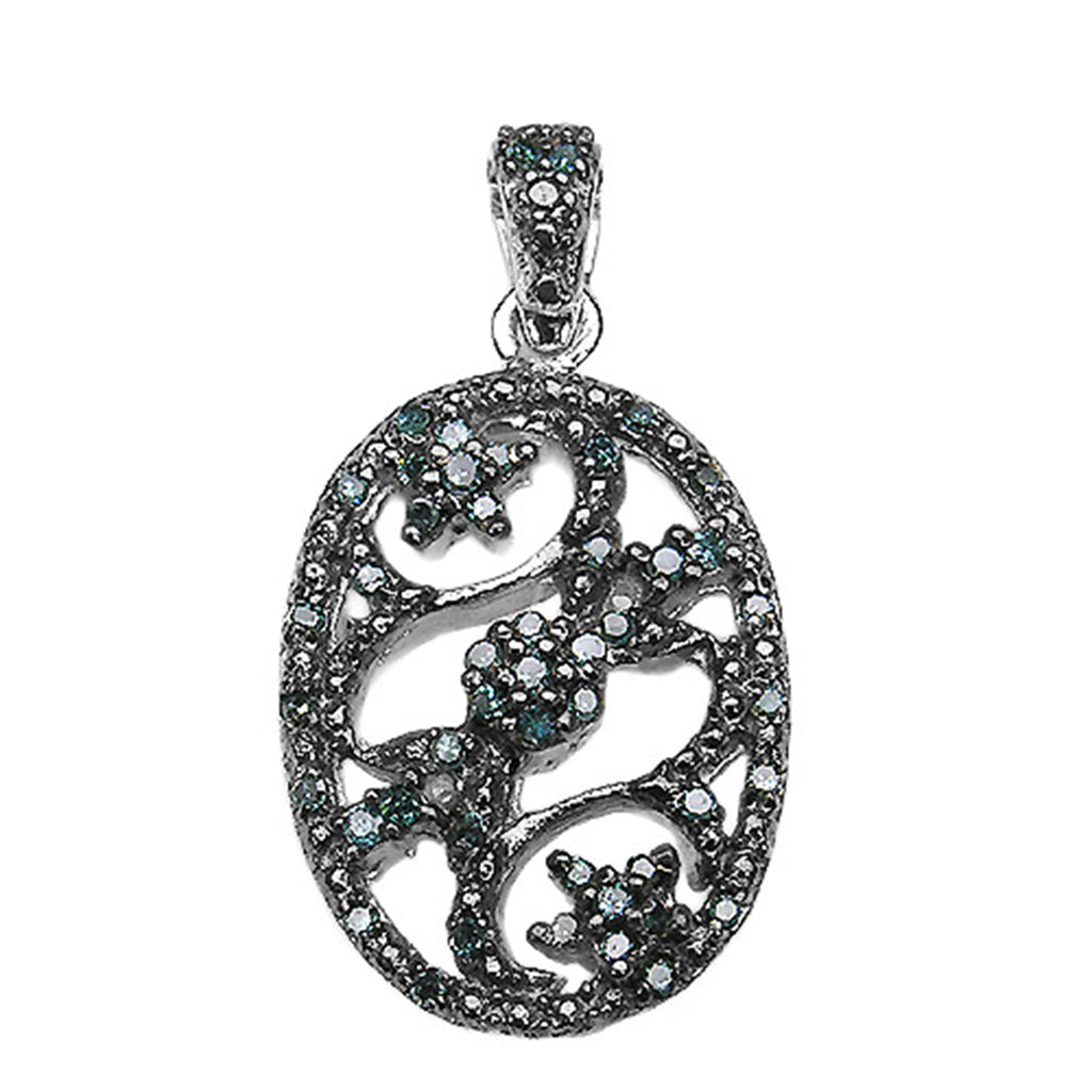 Blue Diamond Flower Pendant 0.2 Carats Sterling Silver