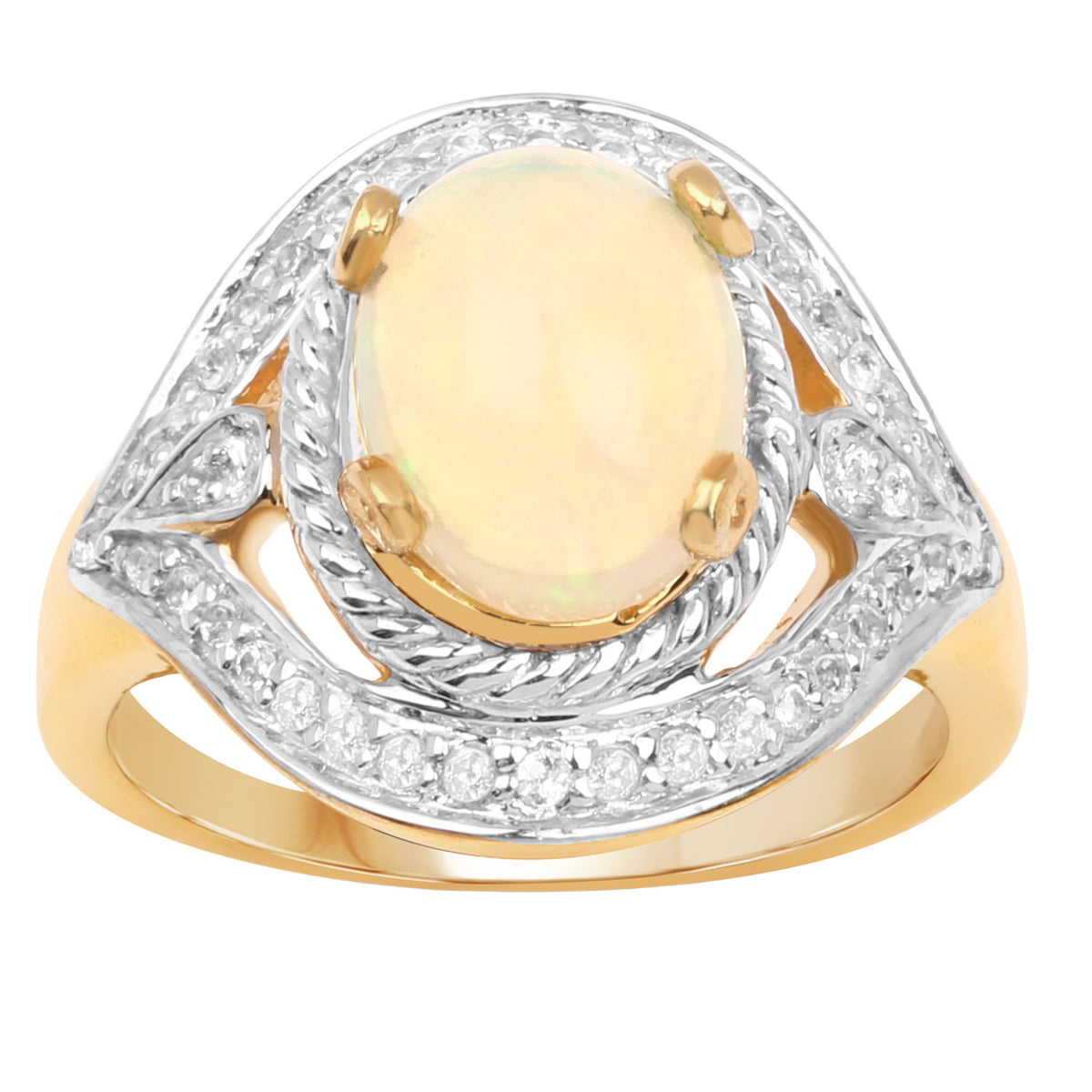 Ethiopian Opal Ring With White Topaz 1.84 Carats Gold Plated Silver