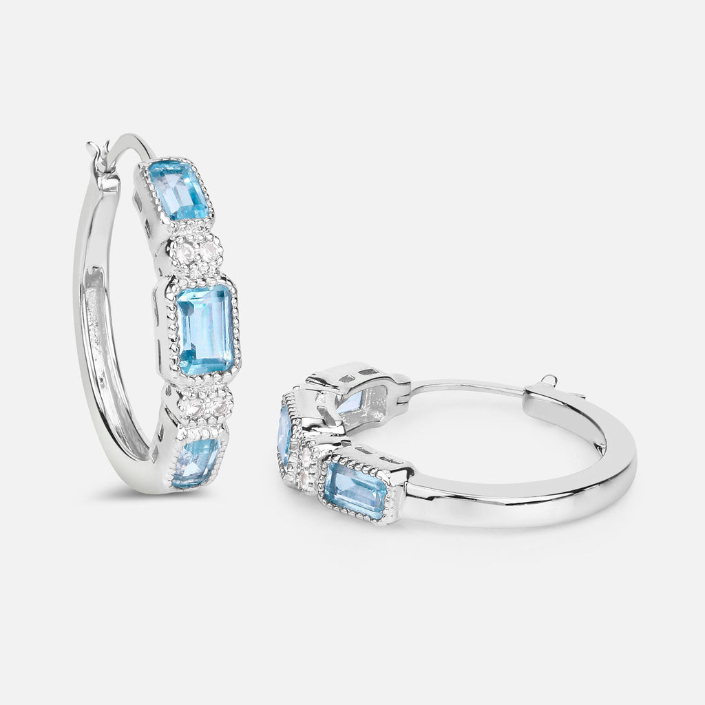 Blue Topaz Hoop Earrings With White Topaz 2.6 Carats Sterling Silver