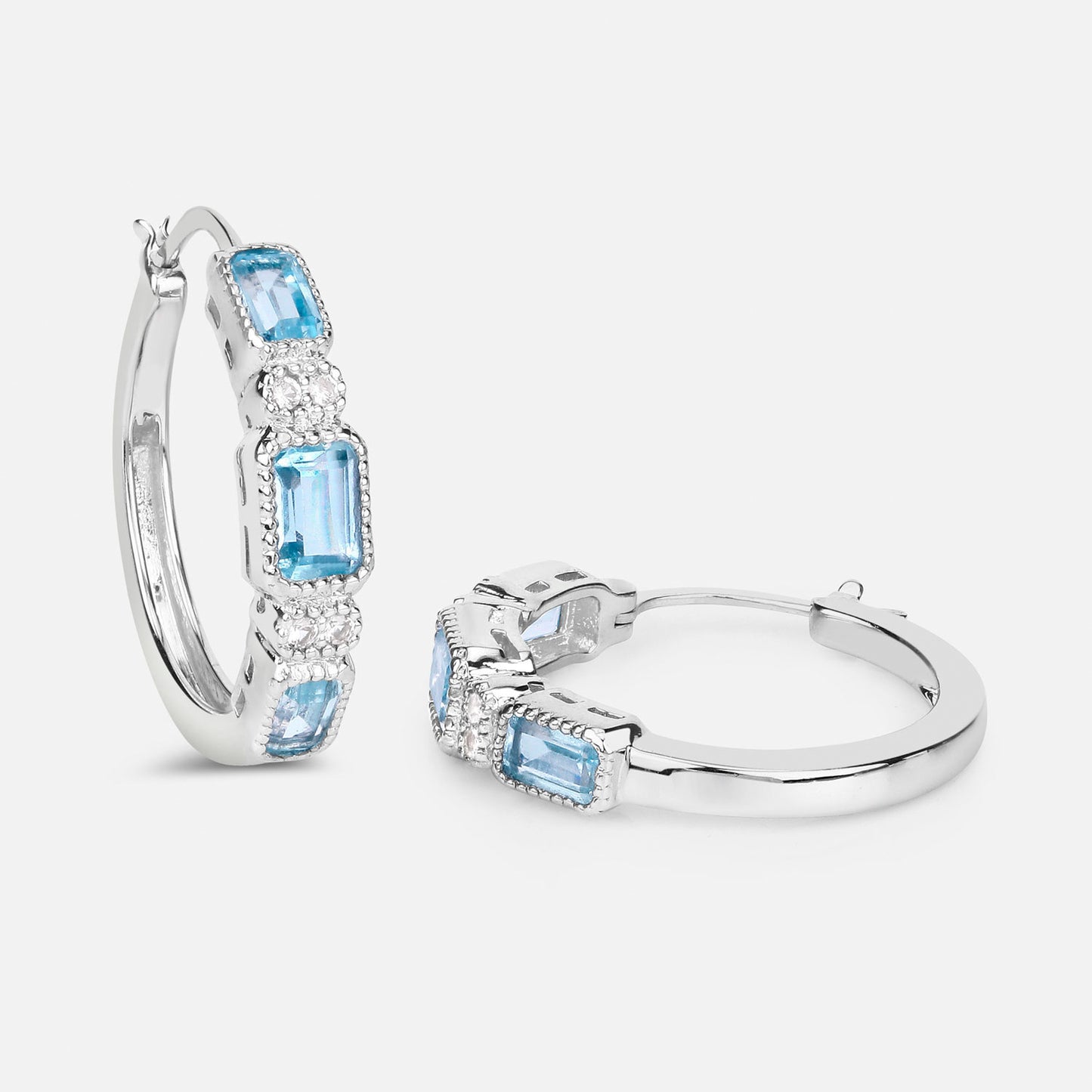 Blue Topaz Hoop Earrings With White Topaz 2.6 Carats Sterling Silver