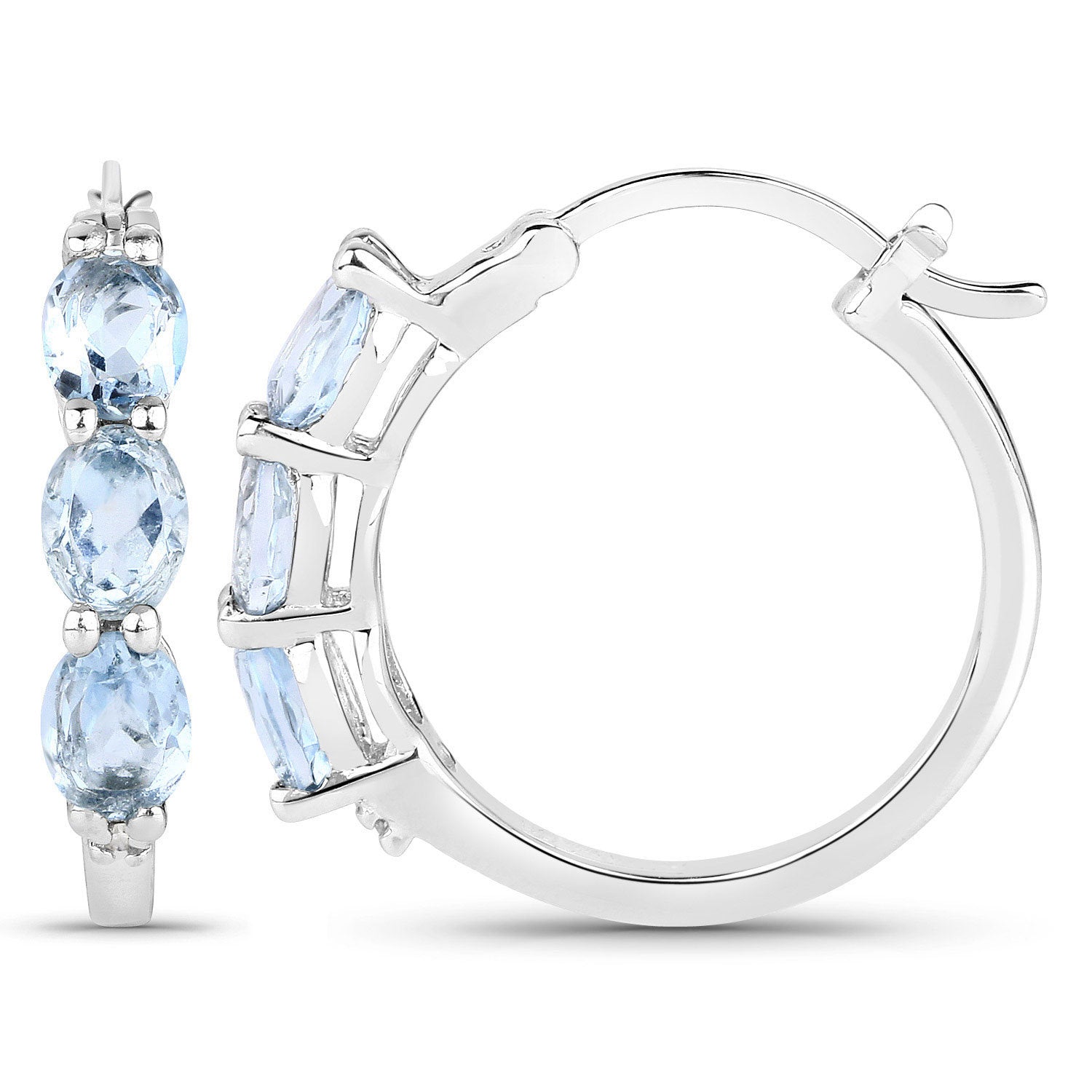 Aquamarine Hoop Earrings With Diamonds 1.73 Carats Sterling Silver