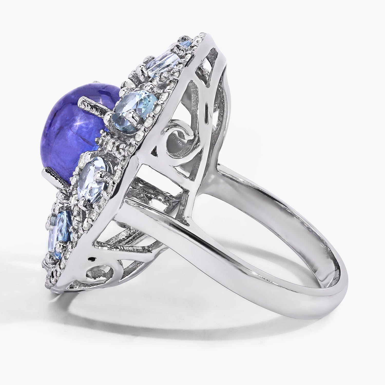Tanzanite Ring With Aquamarine and Diamonds 7.34 Carats Sterling Silver
