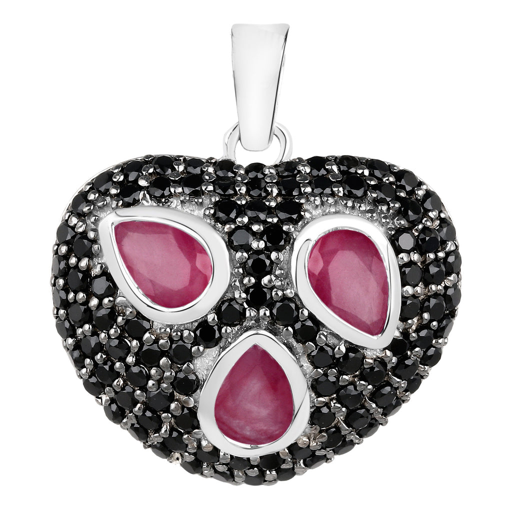 Ruby Heart Pendant With Black Spinel 3.24 Carats Sterling Silver