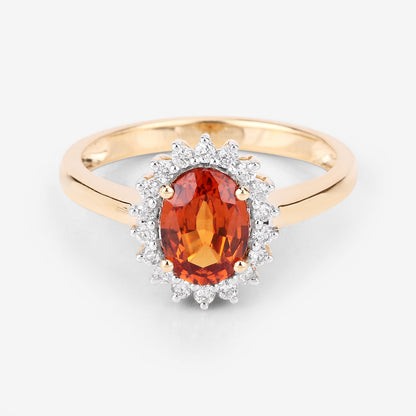 Oval 1.70 Carat Natural Spessartite Garnet & Diamond Halo Ring 14K Yellow Gold