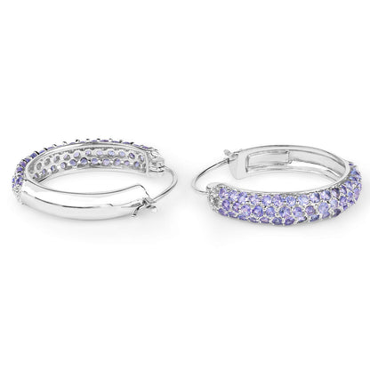 Tanzanite Hoop Earrings 3 Carats Rhodium Plated Silver