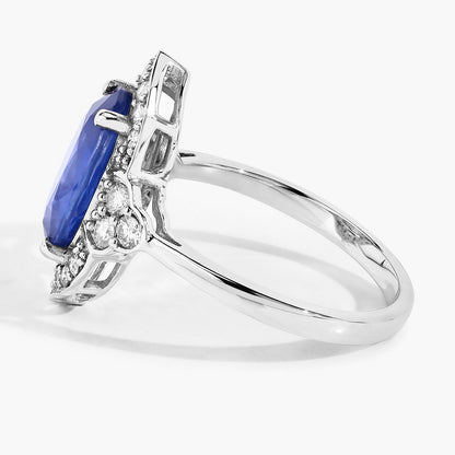 Blue Sapphire Ring With Diamonds 4.12 Carats 18K White Gold