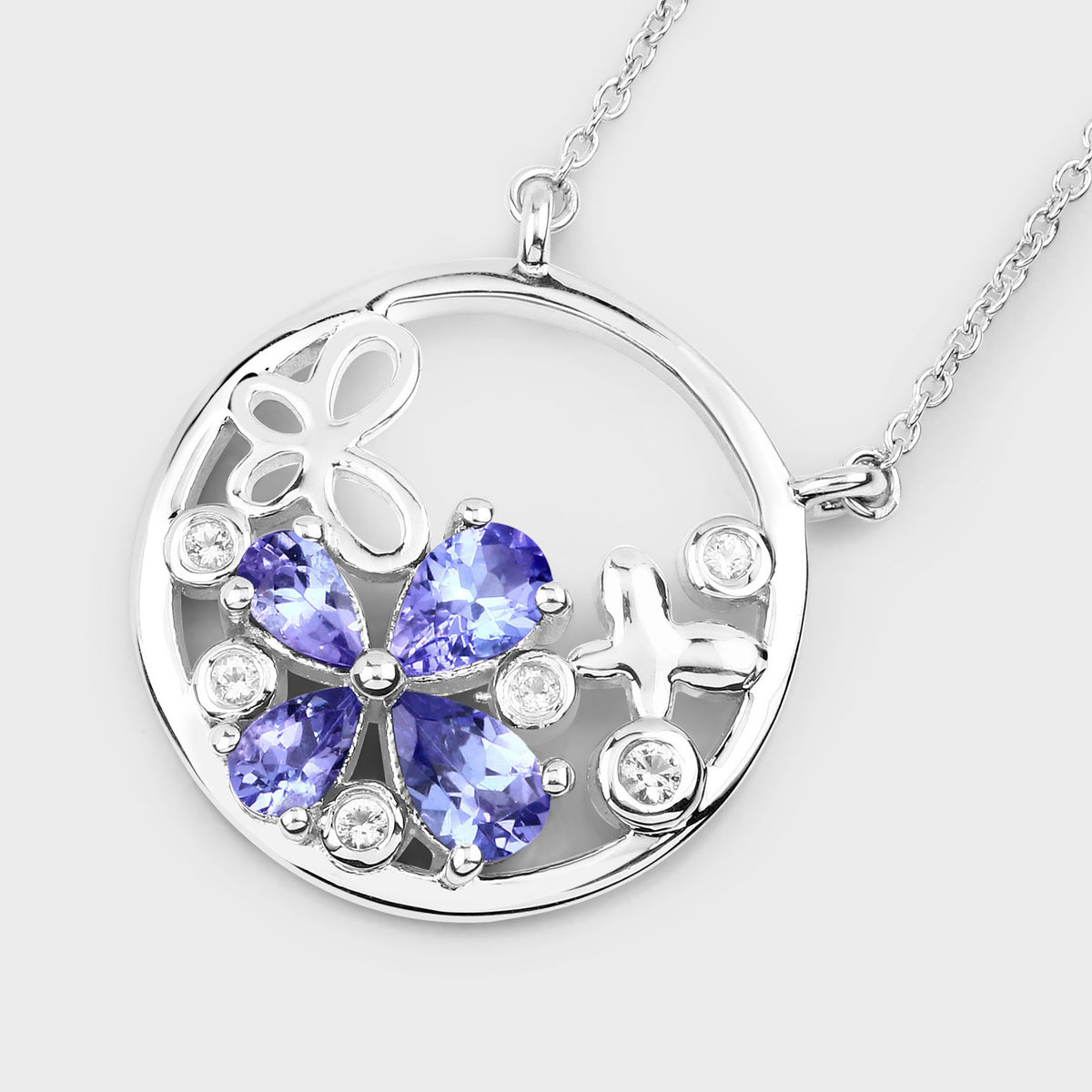 Tanzanite Flower Pendant With White Topaz 1.24 Carats Sterling Silver