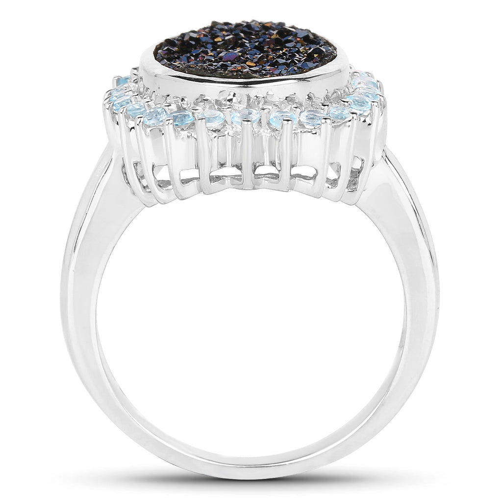 Drusy Quartz Ring With Swiss Blue Topaz 4.56 Carats Sterling Silver