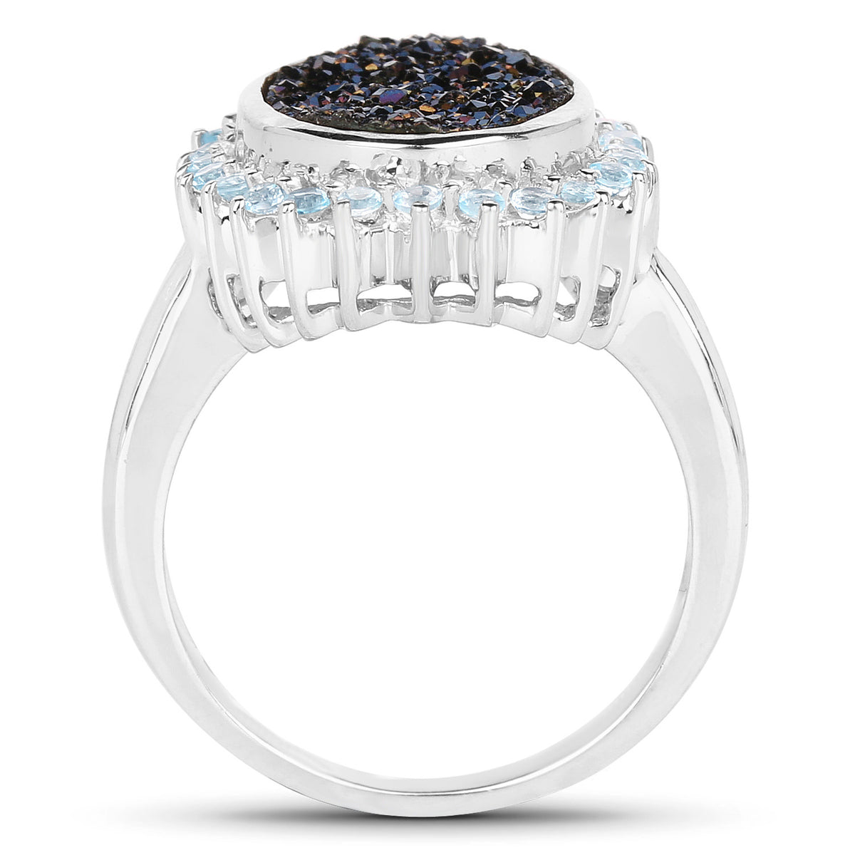 Drusy Quartz Ring With Swiss Blue Topaz 4.56 Carats Sterling Silver