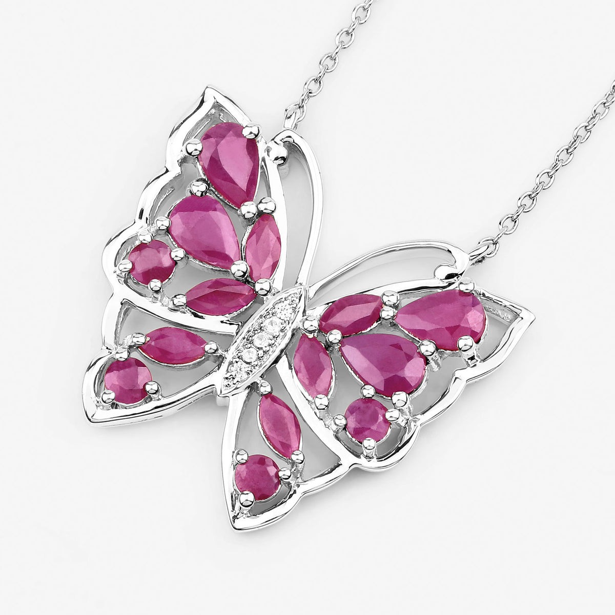 Ruby Butterfly Necklace With White Zircon 2.8 Carats Sterling Silver