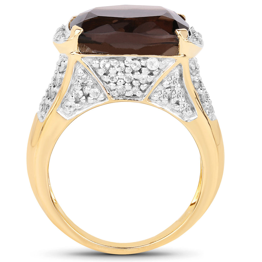 Smoky Quartz Ring With White Topaz 6.62 Carats Gold Plated Silver