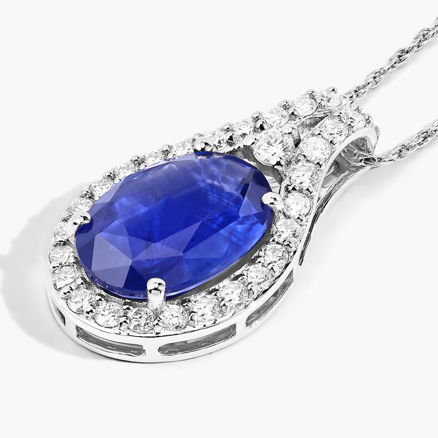 Blue Sapphire Pendant With Diamonds 3.8 Carats 18K White Gold