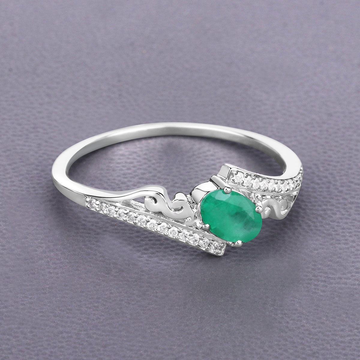 Zambian Emerald Ring With Diamonds 0.48 Carats 14K White Gold