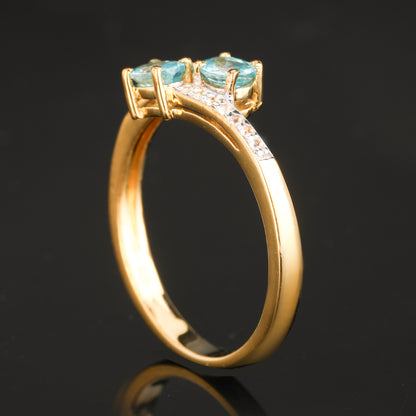 Natural Blue Zircon Ring With White Topaz 1.24 Carats Gold Plated Silver