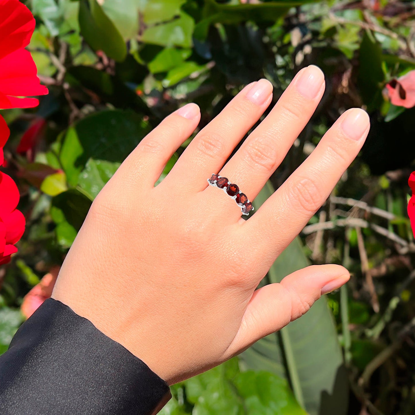 Natural Red Garnet Five Stone Ring 3.75 Carats Sterling Silver