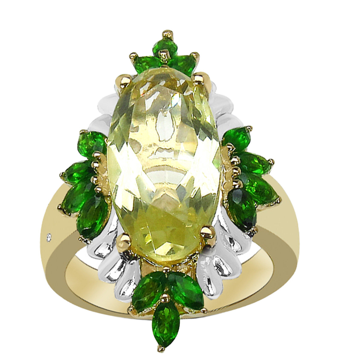 Lemon Quartz Ring With Chrome Diopside 6.28 Carats Gold Plated Silver