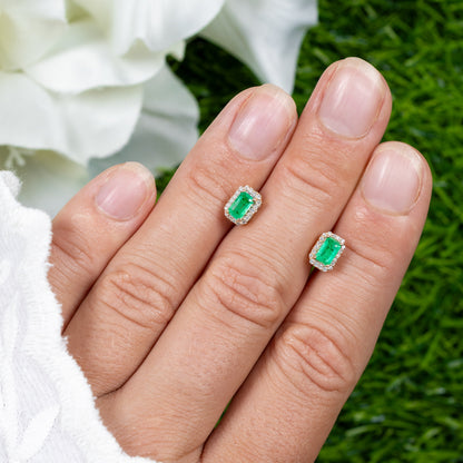 Natural Zambian Emerald Earrings With Diamonds 0.88 Carats 14K Yellow Gold