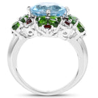 Blue Topaz Flower Ring Chrome Diopside and Garnet 5.7 Carats Sterling Silver