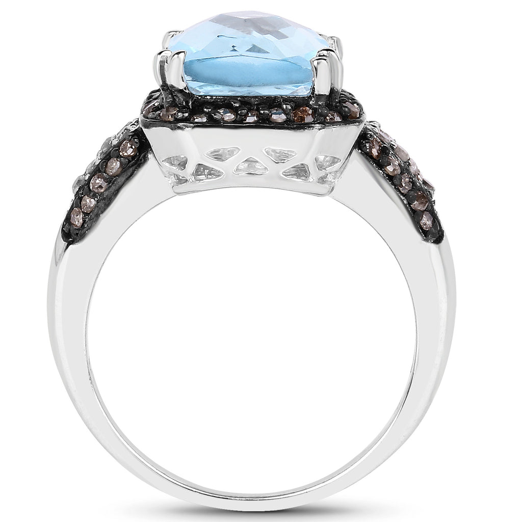 Swiss Blue Topaz Ring With Champagne Diamonds 4.28 Carats Sterling Silver