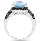 Swiss Blue Topaz Ring With Champagne Diamonds 4.28 Carats Sterling Silver