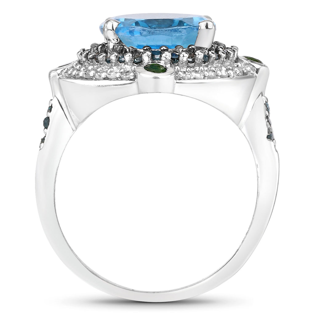 Swiss Blue Topaz Ring With Blue Diamonds 5.78 Carats Sterling Silver