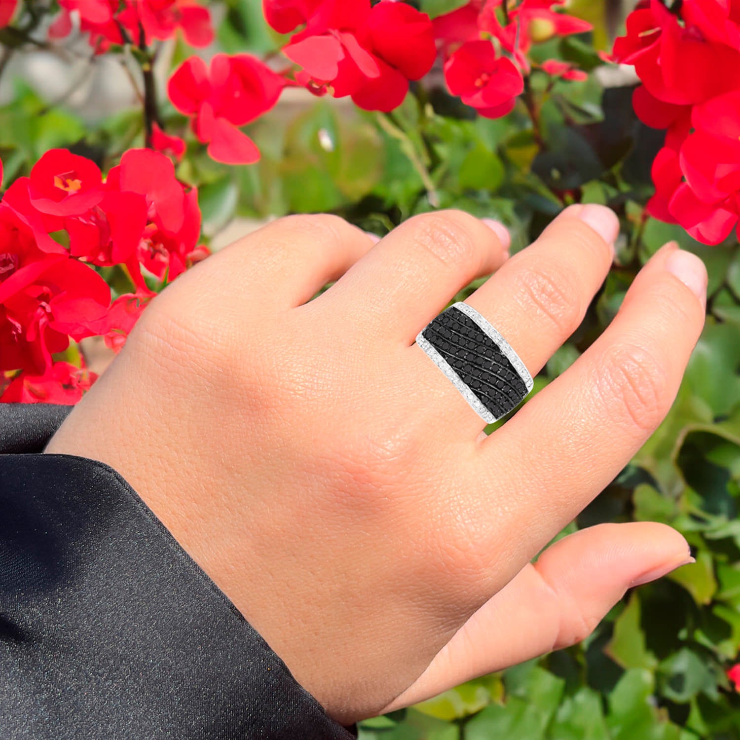 Wide Band Cluster Ring Black and White Diamonds Sterling Silver