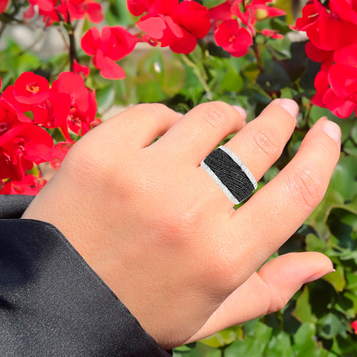 Wide Band Cluster Ring Black and White Diamonds Sterling Silver