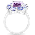 Amethyst Flower Ring With Tanzanite 5.2 Carats Sterling Silver