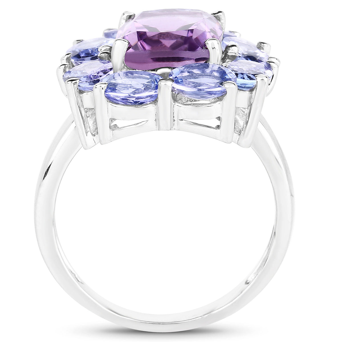 Amethyst Flower Ring With Tanzanite 5.2 Carats Sterling Silver