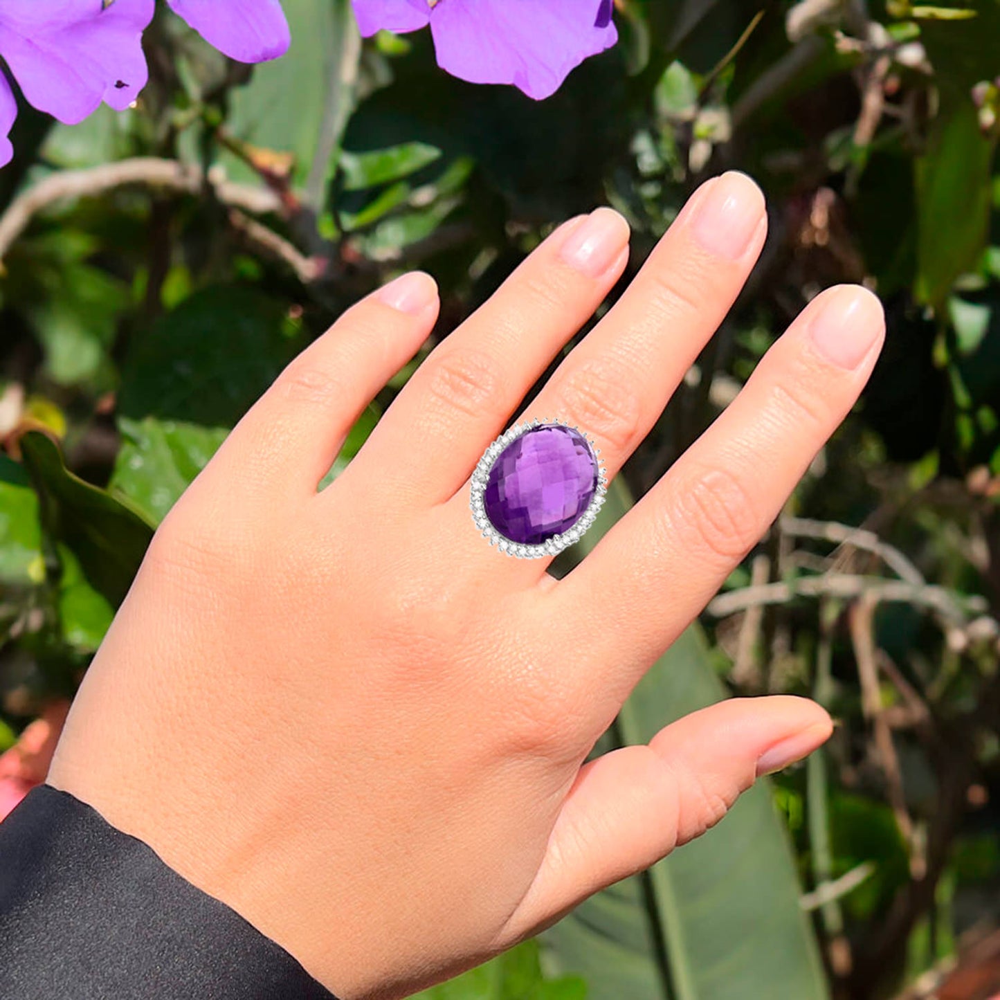 Large Natural Amethyst Cocktail Ring Diamond Halo 5 Carats