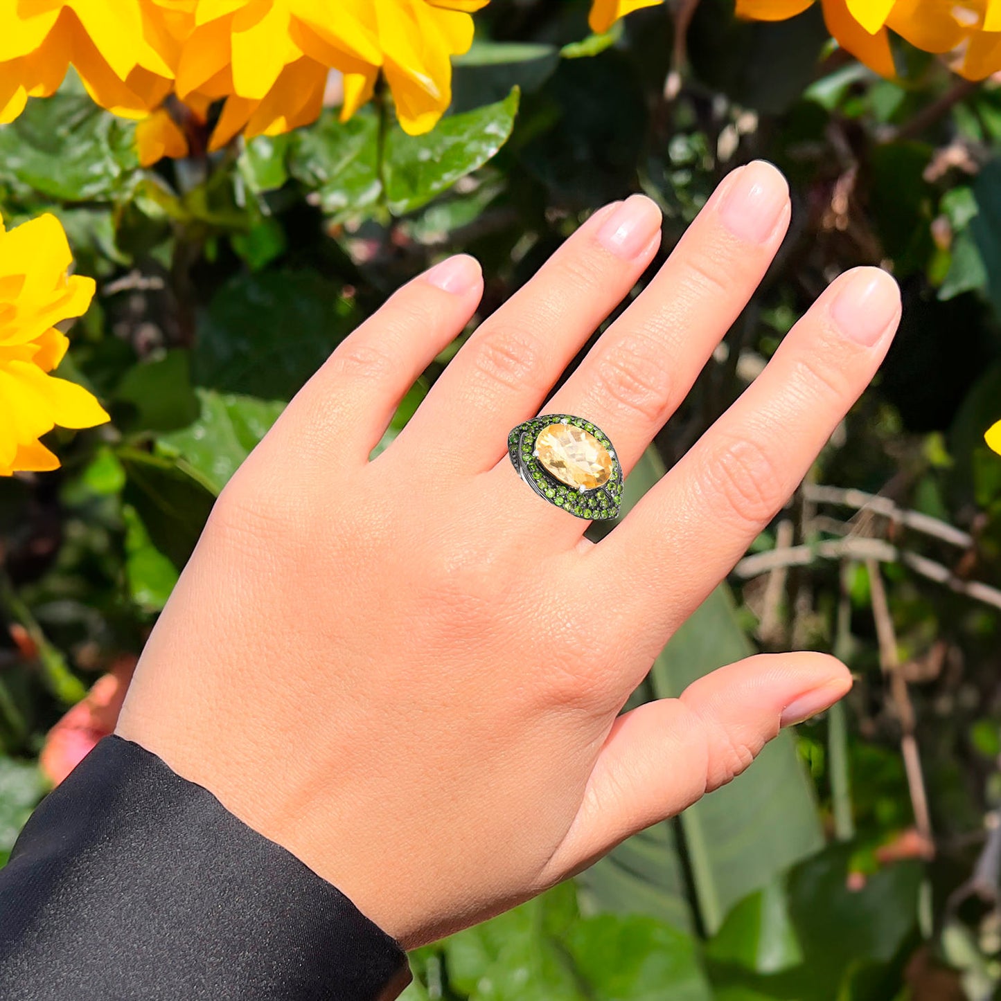 Citrine Cocktail Ring Chrome Diopside Setting  6.15 Carats
