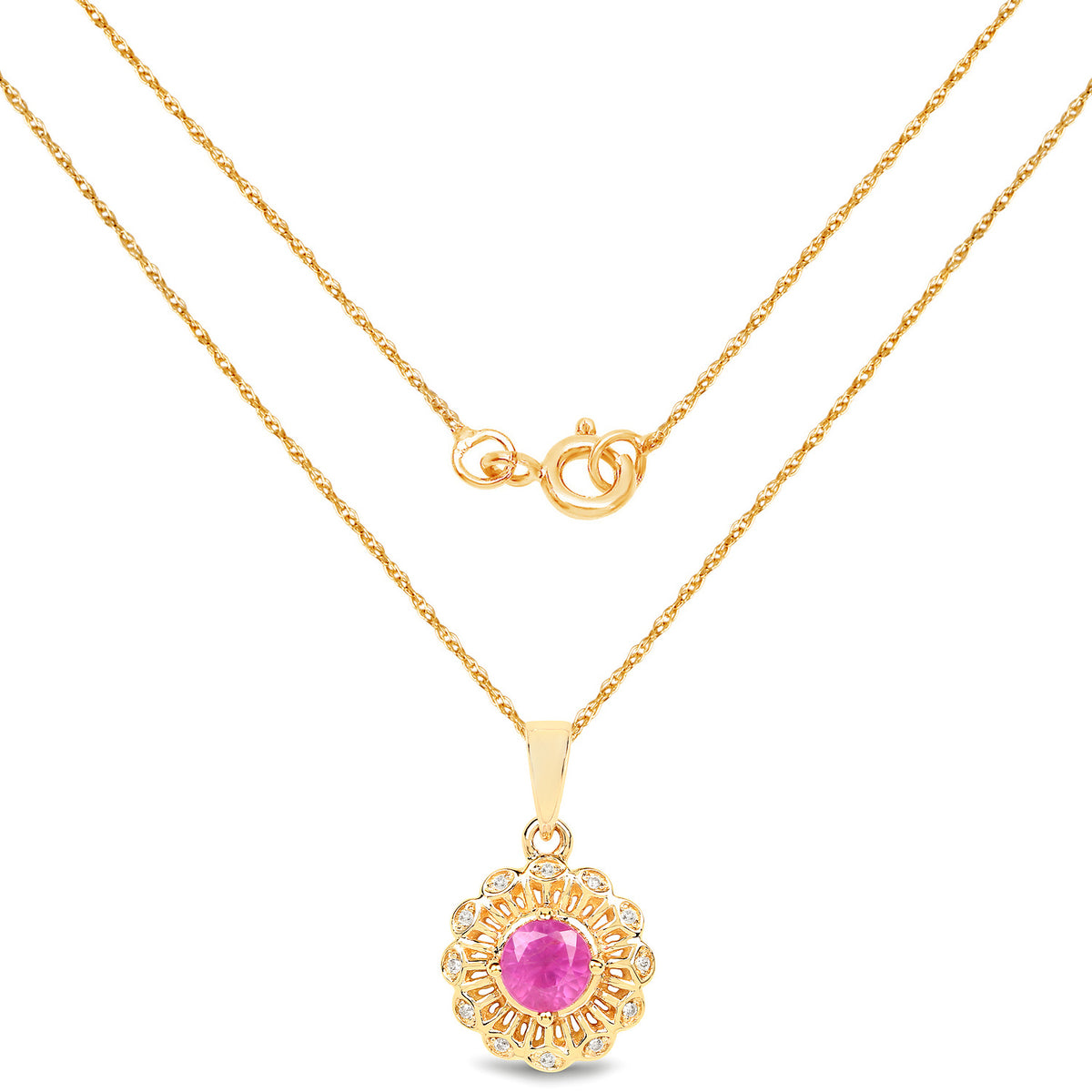Ruby Flower Pendant With Diamonds 0.56 Carats 14K Yellow Gold
