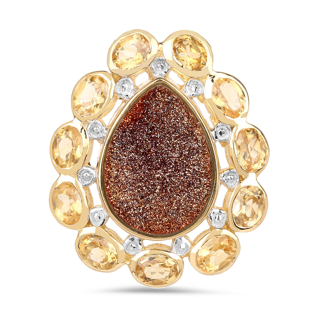 Drusy Quartz Pendant With Citrine 5.1 Carats Gold Plated Silver