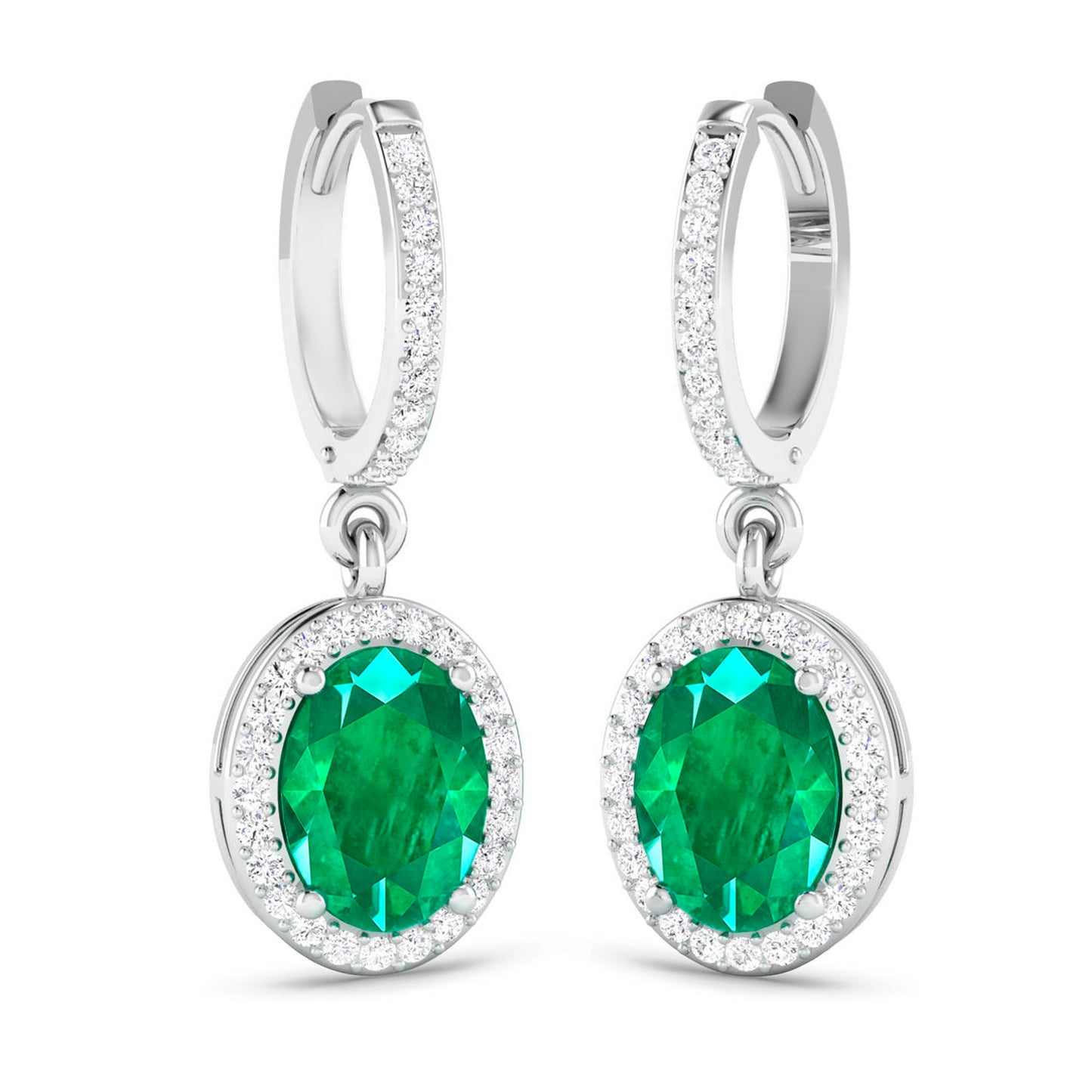 Zambian Emerald Dangle Earrings Diamond Setting  2.35 Carats 14K White Gold