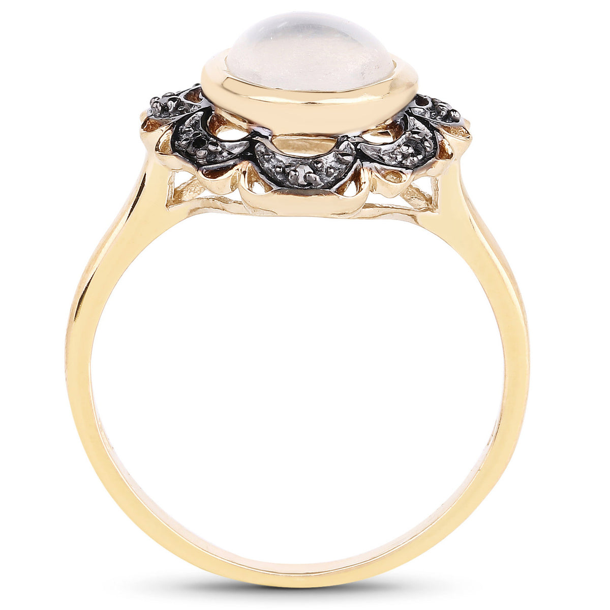 White Moonstone Ring With Black Diamonds 3 Carats Gold Plated Silver