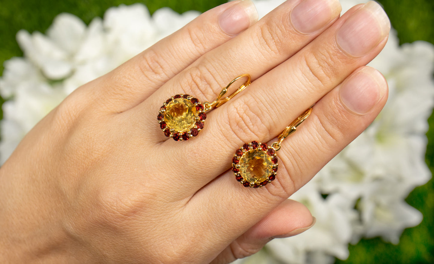 Citrine Earrings With Garnet 8.4 Carats Gold Plated Silver