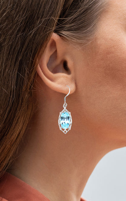 Blue Topaz Dangle Earrings 13.6 Carats Rhodium Plated Silver