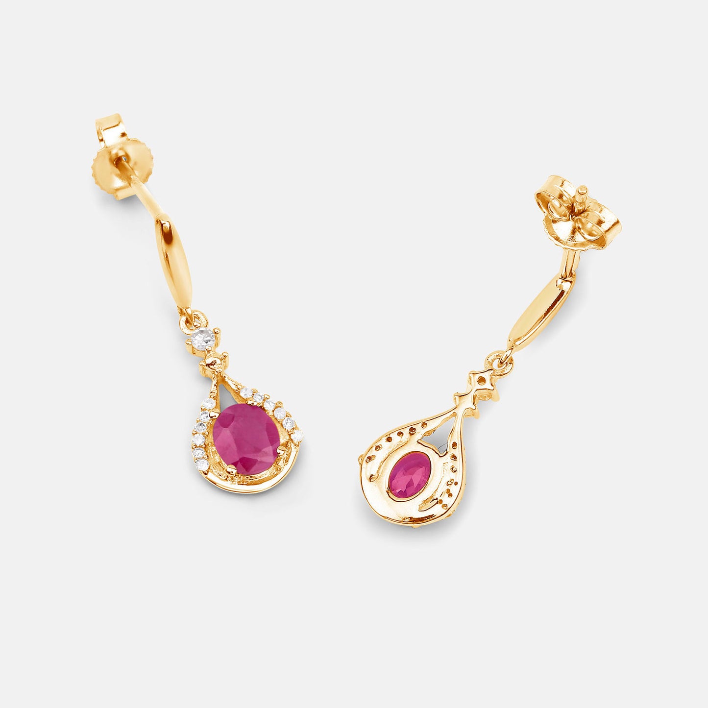 Ruby Dangle Earrings Diamonds 14K Yellow Gold